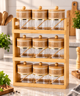 Lyte Club 9-Piece Glass Masala Jar Set with Wooden Rack