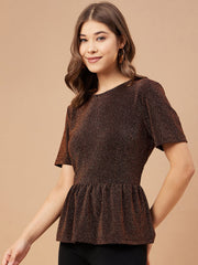Gipsy Women Copper Solid Polyester Bishop Sleeve Round Neck Blouse