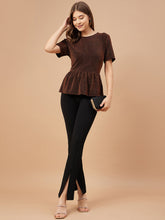 Gipsy Women Copper Solid Polyester Bishop Sleeve Round Neck Blouse