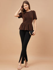 Gipsy Women Copper Solid Polyester Bishop Sleeve Round Neck Blouse
