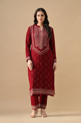 Winter Red Beads Embroidery Ethnic Motifs Woven Kurta Set