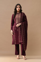 Winter Maroon Self Design Woven Kurta Set