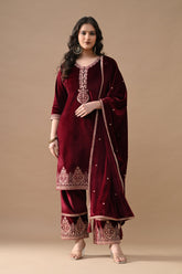 Maroon Embroidered Velvet Kurta Set