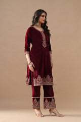 Maroon Embroidered Velvet Kurta Set