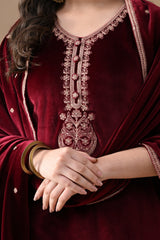 Maroon Embroidered Velvet Kurta Set