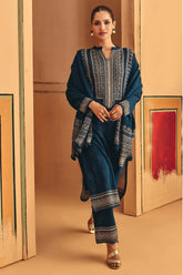 Winter Blue Beads Embroidery Ethnic Motifs Woven Kurta Set