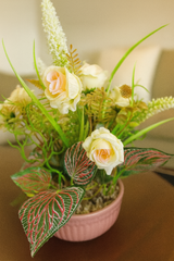 Romantic Faux Blush Rose Arrangement In Pink Ribbed Pot With Exotic Foliage – Modern Accent Decor
