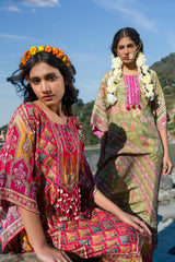 Ladies Moca Green Printed Pure Viscose Handwork Kaftan Dress Free Size