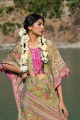 Ladies Moca Green Printed Pure Viscose Handwork Kaftan Dress Free Size