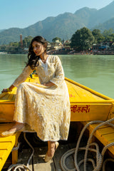 Ladies Pastel Yellow Faux Georgette Anarkali Kurti With Lace & Embroidery