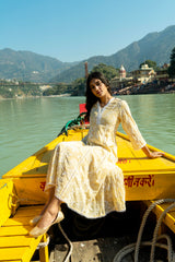 Ladies Pastel Yellow Faux Georgette Anarkali Kurti With Lace & Embroidery