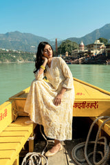 Ladies Pastel Yellow Faux Georgette Anarkali Kurti With Lace & Embroidery