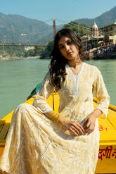 Ladies Pastel Yellow Faux Georgette Anarkali Kurti With Lace & Embroidery