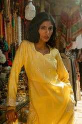 Ladies Yellow Modal Roman Silk Kurta With Delicate Embroidery
