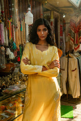 Ladies Yellow Modal Roman Silk Kurta With Delicate Embroidery