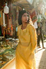 Ladies Yellow Modal Roman Silk Kurta With Delicate Embroidery