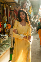 Ladies Yellow Modal Roman Silk Kurta With Delicate Embroidery