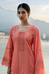 Ladies Peach Cotton Schiffli Embroidered Kurta With Lace Detailing