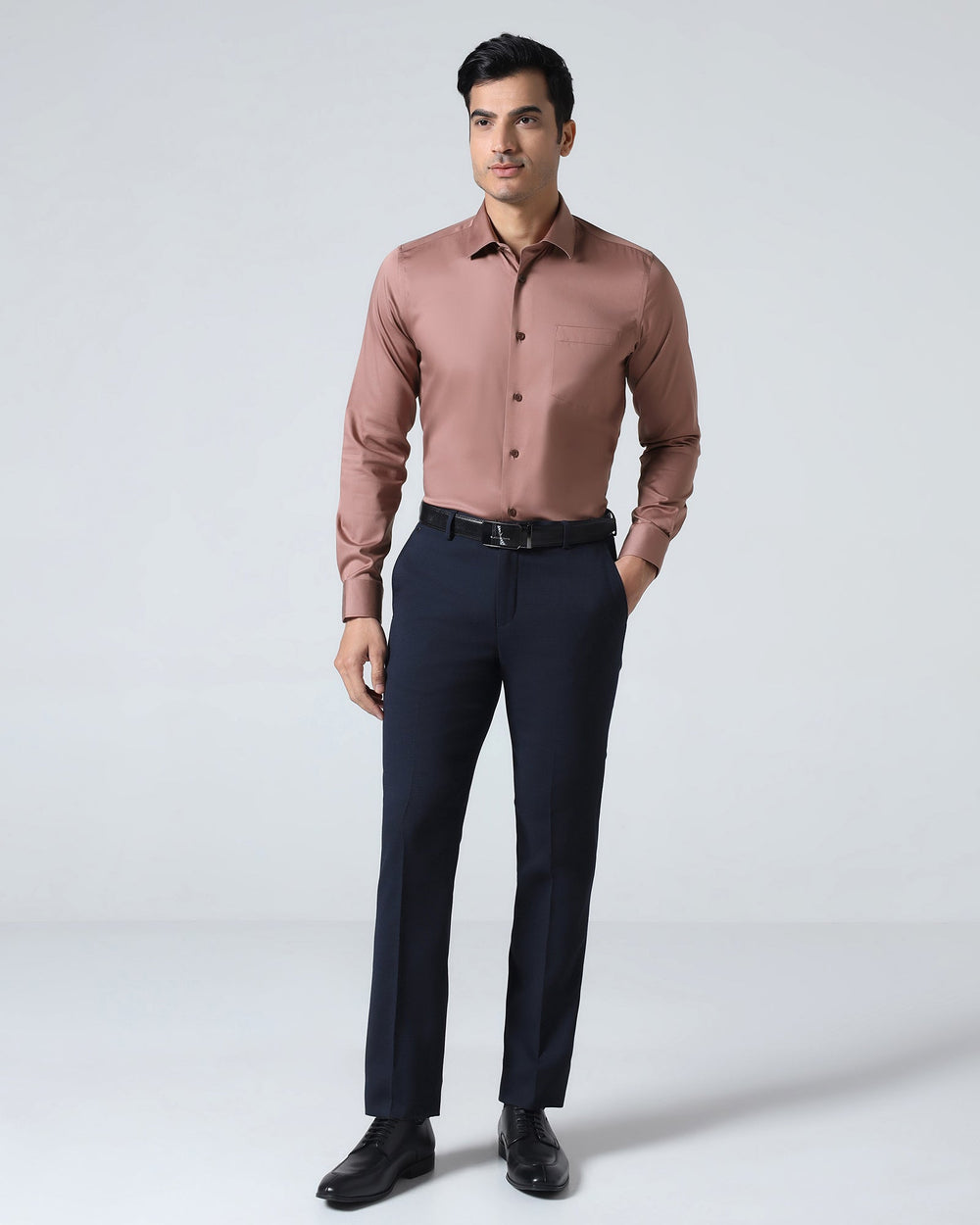 Dusty pink men's non-iron solid formal shirt by Blackberry, Sylvia model, featuring a crisp, tailored fit and classic collar.
