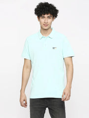 Men Bleached Aqua Cotton Slim Fit Polo Neck Plain T-Shirt