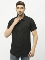 Men Black Linen Regular Fit Half Sleeve Plain Shirt