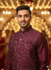 Blue Stage men's basket kurta set in wine color, featuring traditional ethnic design with intricate patterns and comfortable fit.
