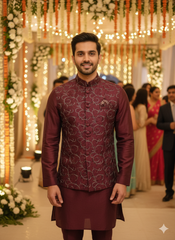 Blue Stage men's basket kurta set in wine color, featuring traditional ethnic design and comfortable fit.
