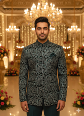 Lyte Club Mens Coat Suit Jodhpuri 3Pcs Set 2594 D.Green