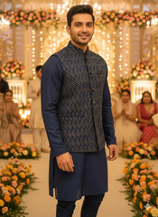 Luxury Men'S Festive Attire: Navy Kurta Set With Gold Embroidered Nehru Jacket