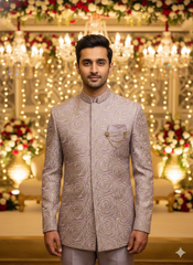 Men'S Luxury Silver Embroidered Bandhgala Suit Set - Tone-On-Tone Festive Wedding Party Wea