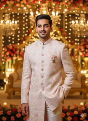Dusky Rose Sherwani with Geometric & Floral Zari Work: Modern Opulence
