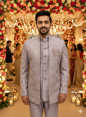 Men'S Luxury Silver Embroidered Bandhgala Suit Set - Tone-On-Tone Festive Wedding Party Wea