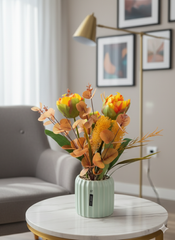 Realistic Faux Flower Arrangement In Elegant Ribbed Ceramic Vase