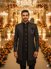 BLUE STAGE MENS INDO WESTERN 3PCS SET 23630 BLACK