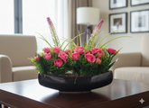 Vibrant Faux Hot Pink Rose & Lavender Arrangement In Modern Dark Planter – Bold Centerpiece
