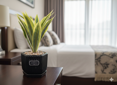 Faux Variegated Snake Plant In Modern Black Geometric Pot No-Fuss Premium Decor