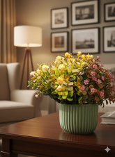 Vibrant Faux Orange Bloom & Mixed Foliage Topiary In Sage Green Pot – Sunny Desktop Accent