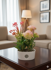 Modern Faux Blush Pink & Green Bloom Arrangement In White Planter – Vibrant Accent Decor