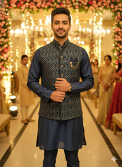 Luxury Men'S Festive Attire: Navy Kurta Set With Gold Embroidered Nehru Jacket