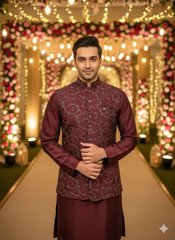 Blue Stage men's basket kurta set in wine color, featuring traditional ethnic design and comfortable fit.