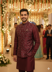 Blue Stage men's basket kurta set in wine color with traditional ethnic design, displayed on a mannequin.