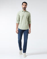Blackberry men's green stripe casual shirt from Hamber with a classic button-up design and collar, displayed on a hanger.