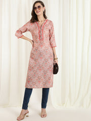 Ethnic Printed Peach Straight Kurta With Lace