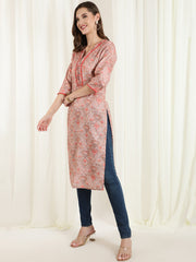 Ethnic Printed Peach Straight Kurta With Lace