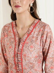 Ethnic Printed Peach Straight Kurta With Lace