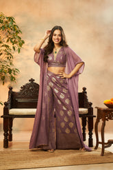Dark Lilac Muslin Foil Print Crop Top, Palazzo & Shrug Set