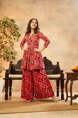 Ladies Bold Pink Chinon Kurta & Palazzo Set With Chic Belt