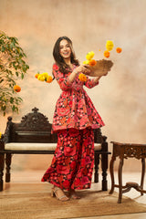 Ladies Bold Pink Chinon Kurta & Palazzo Set With Chic Belt