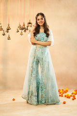 Ladies Light Cyan Crop Top With Viscose Muslin Digital Print Palazzo And Organza Shrug
