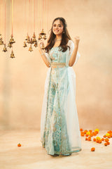 Ladies Light Cyan Crop Top With Viscose Muslin Digital Print Palazzo And Organza Shrug
